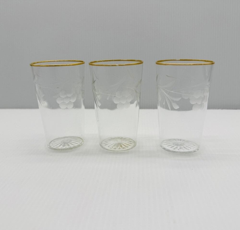 Set of 3 Gold Rimmed Juice Glasses with Etched Frosted Grape Leaves 60's-70's